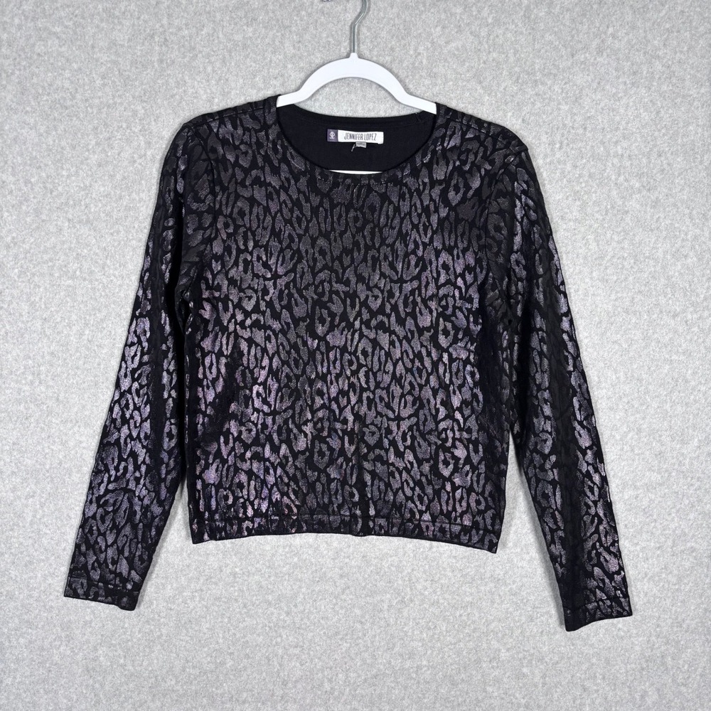Metallic Leopard Print Crop Top Medium Purple Black Sweater Knit Glam Goth‎ Rave